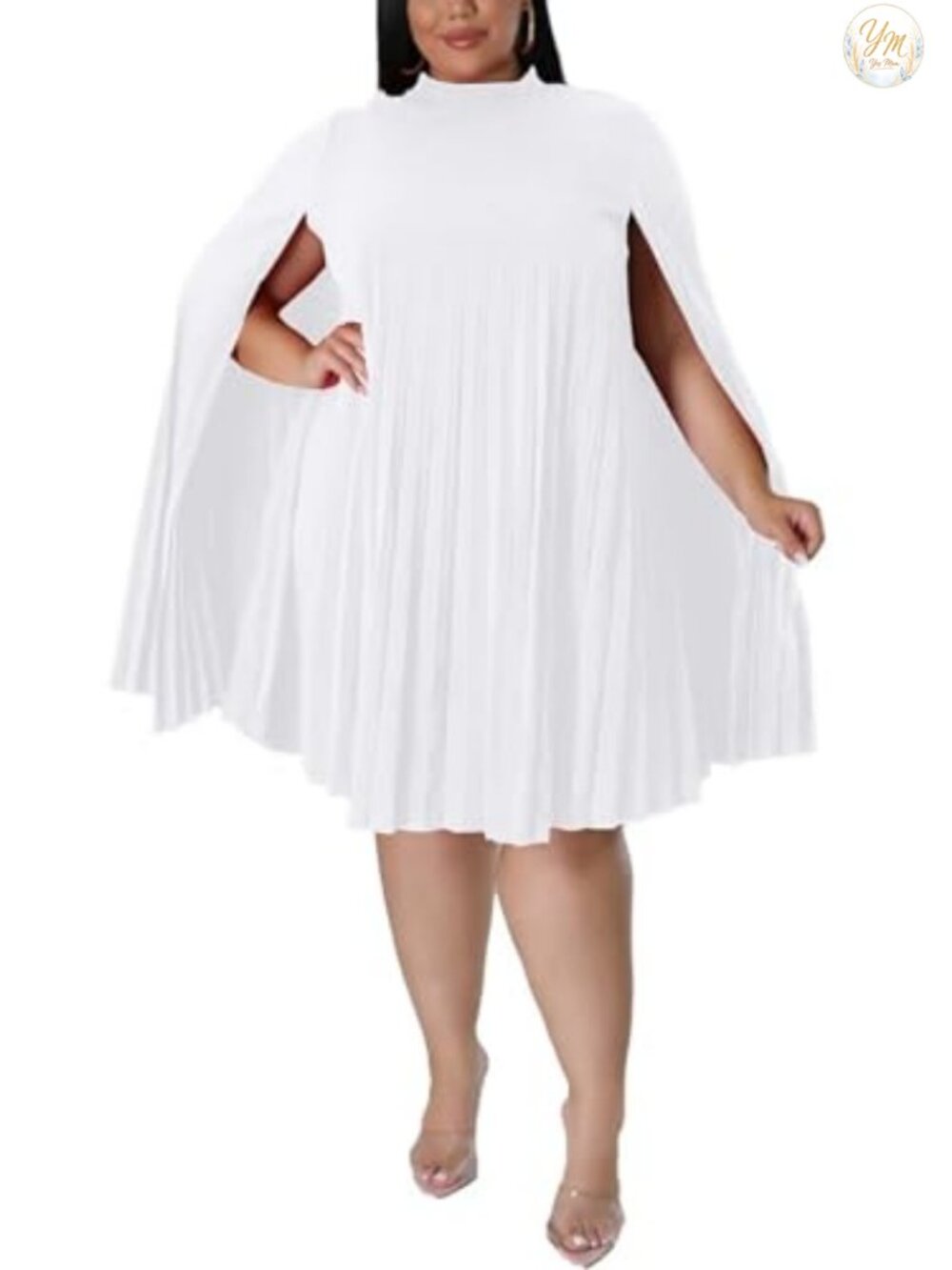 Plus Size Cape Dress Pleated Mock Neck Long Sleeve Formal Cocktail Mini Dress